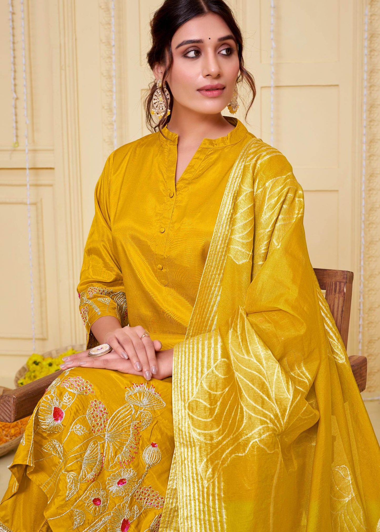 Kuhu Green & Mustard Viscose Kurta Set with Dupatta - Festive Ethnic Wear