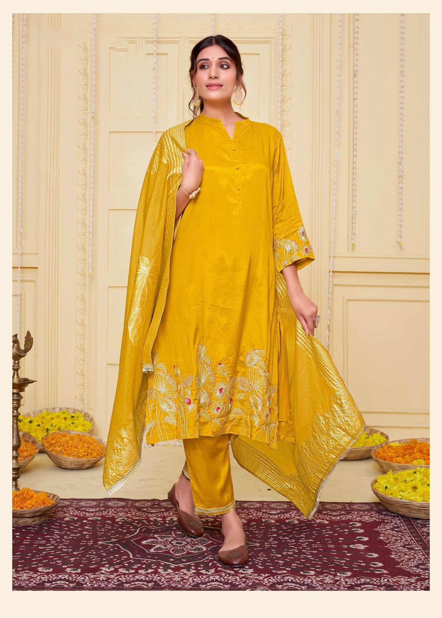 Kuhu Green & Mustard Viscose Kurta Set with Dupatta - Festive Ethnic Wear