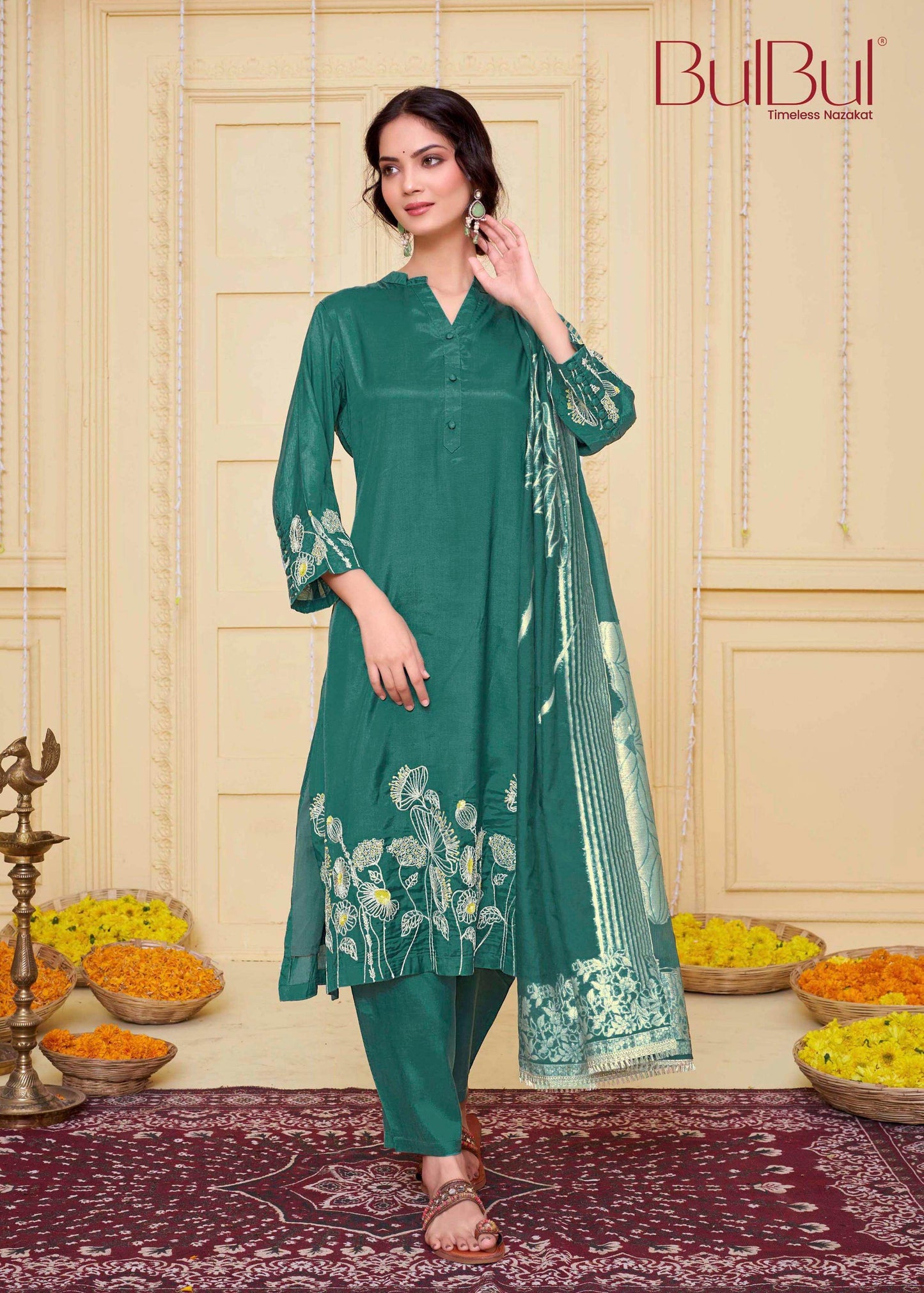 Kuhu Green & Mustard Viscose Kurta Set with Dupatta - Festive Ethnic Wear