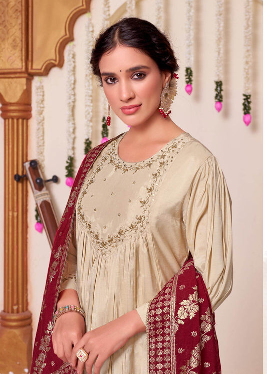 Gayatri Muslin Beige & Red Kurta Set with Dupatta – Elegant Festive Ethnic Wear for Women