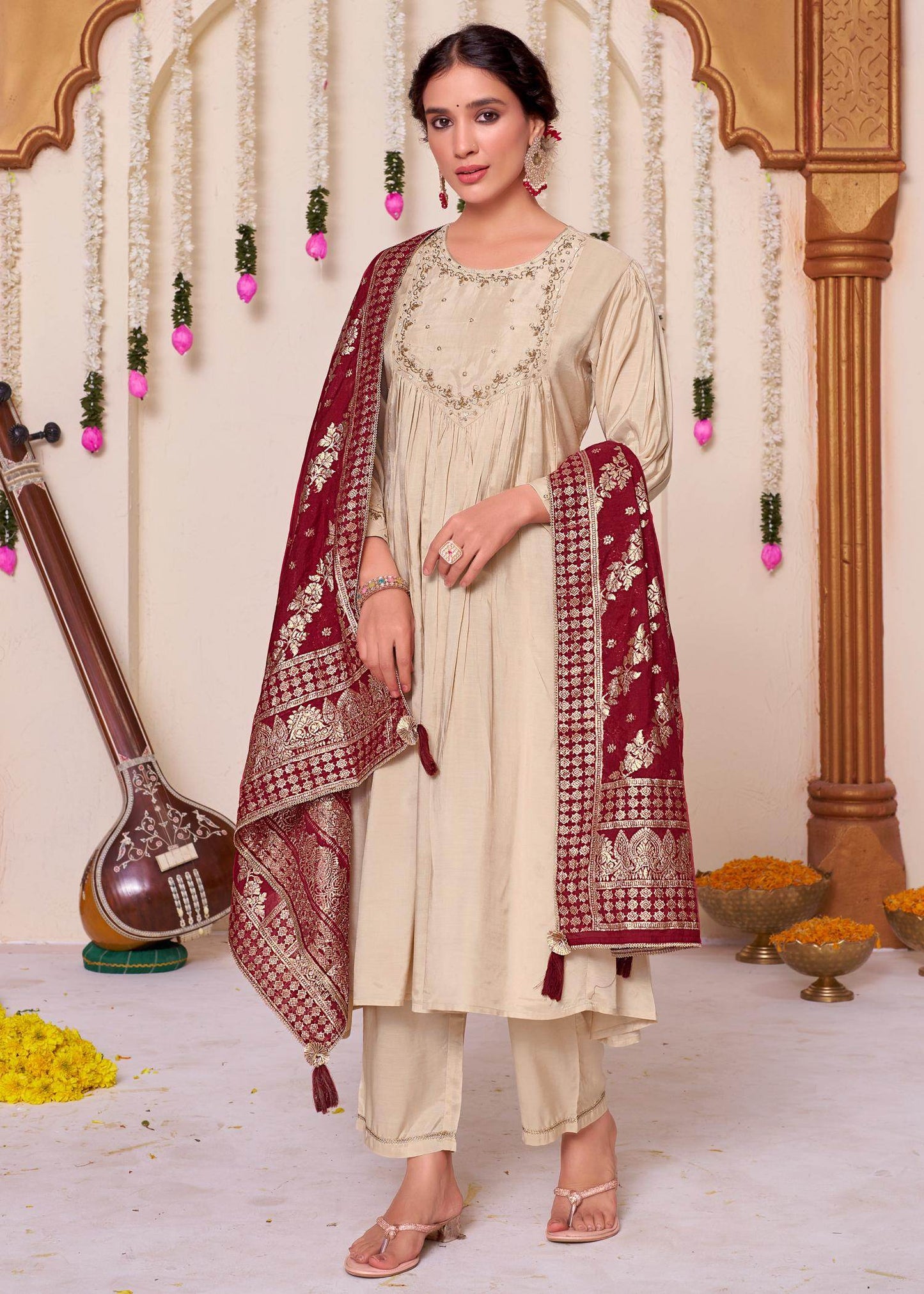 Gayatri Muslin Beige & Red Kurta Set with Dupatta – Elegant Festive Ethnic Wear for Women