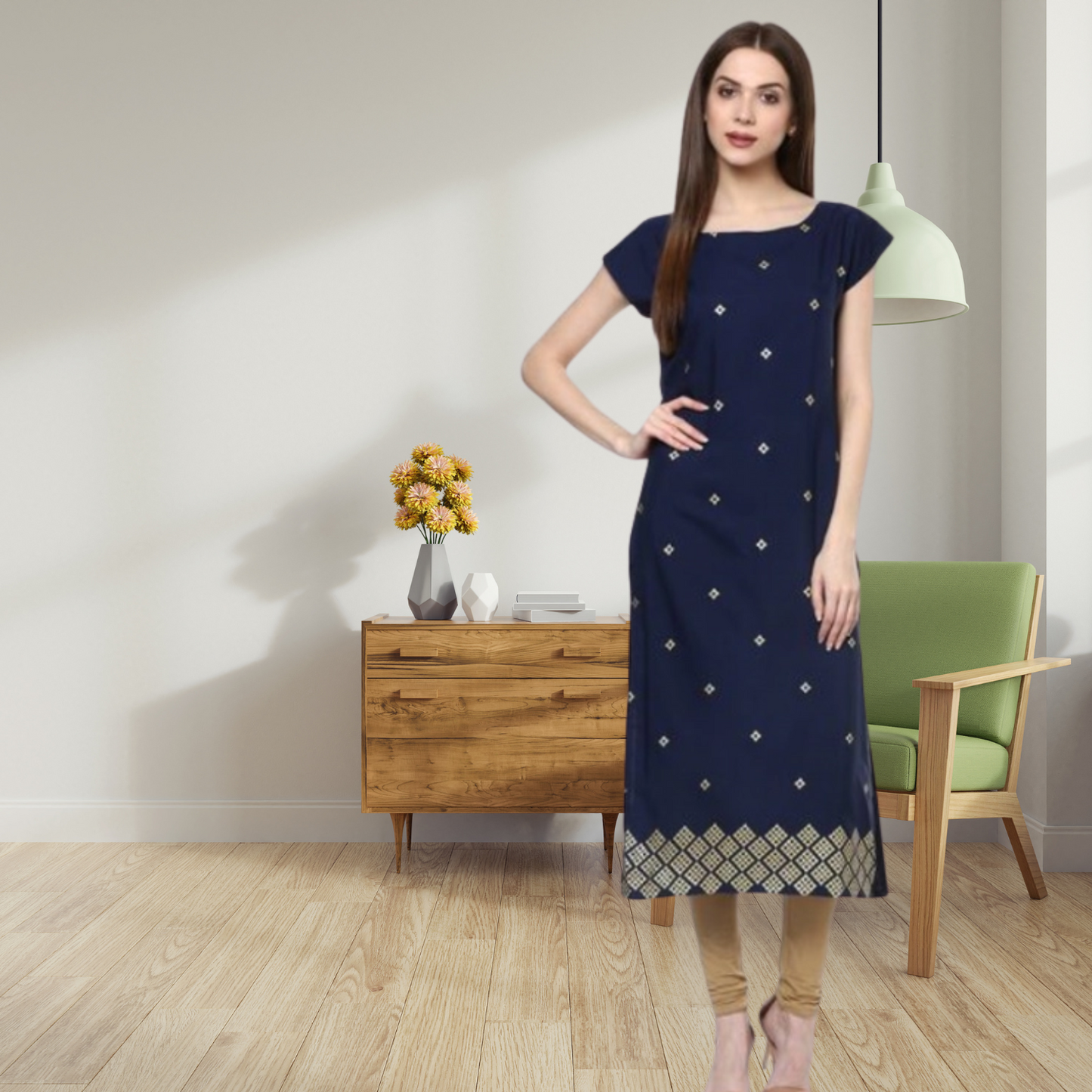 Women's Casual Floral Printed Crepe Kurti with Short Sleeves (Blue) - warehousetech13