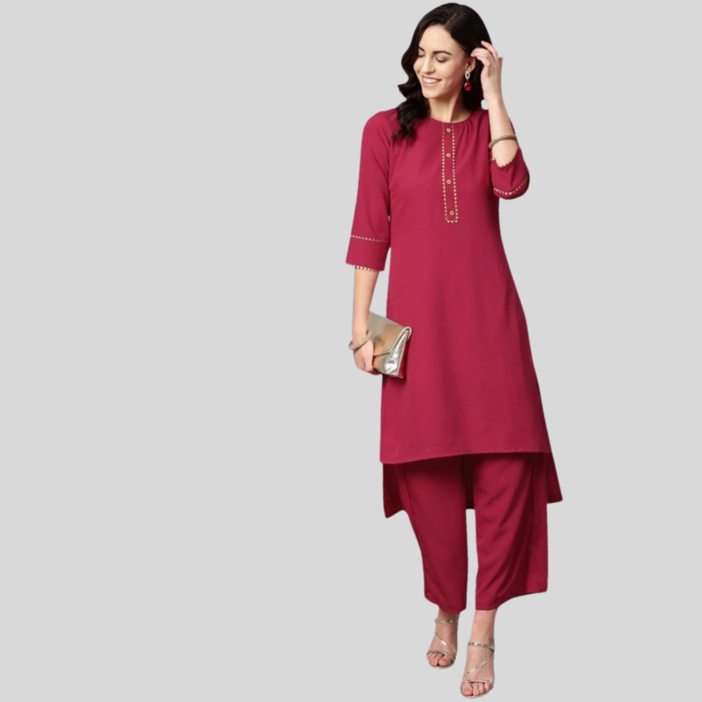 Ladies' Casual 3/4 Sleeve Solid Crepe Kurti and Palazzo Ensemble (Pink) - warehousetech13