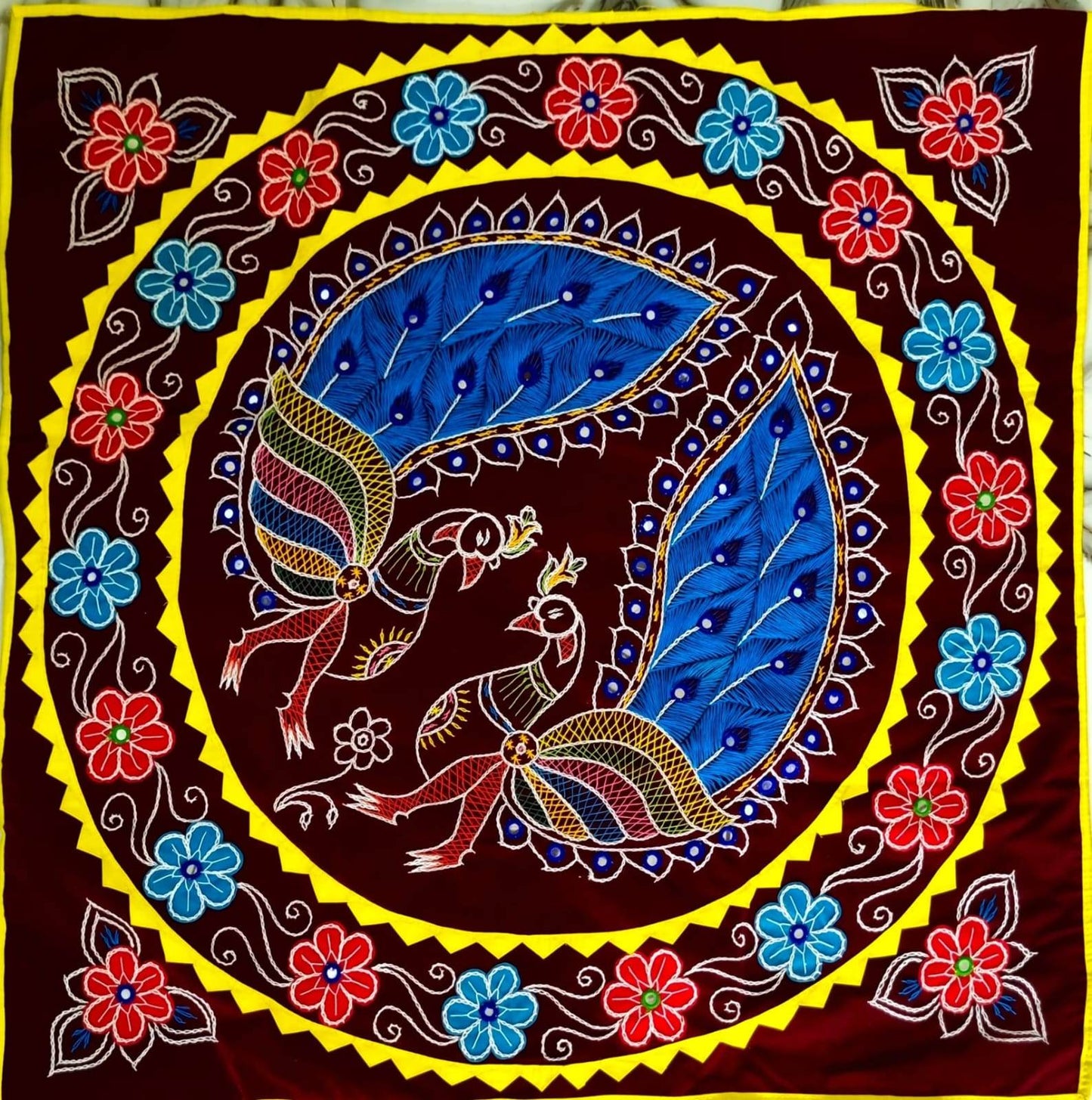 PEACOCK MULTI COLOR DECORATED CHANDUA ( RED / BLACK / MAROON BACKGROUND) - warehousetech13