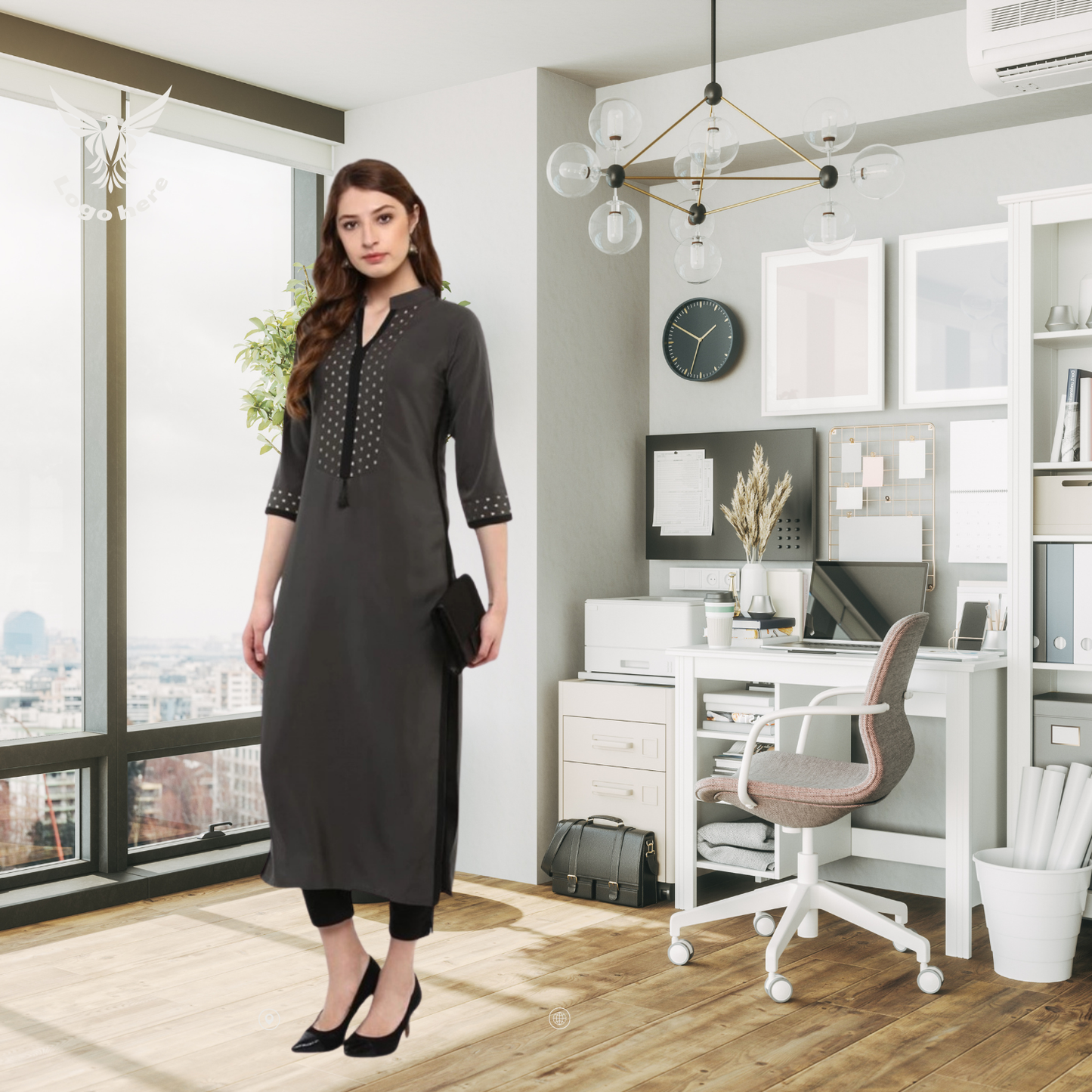Women’s Solid Crepe Kurti with 3/4 Sleeve in Grey - warehousetech13