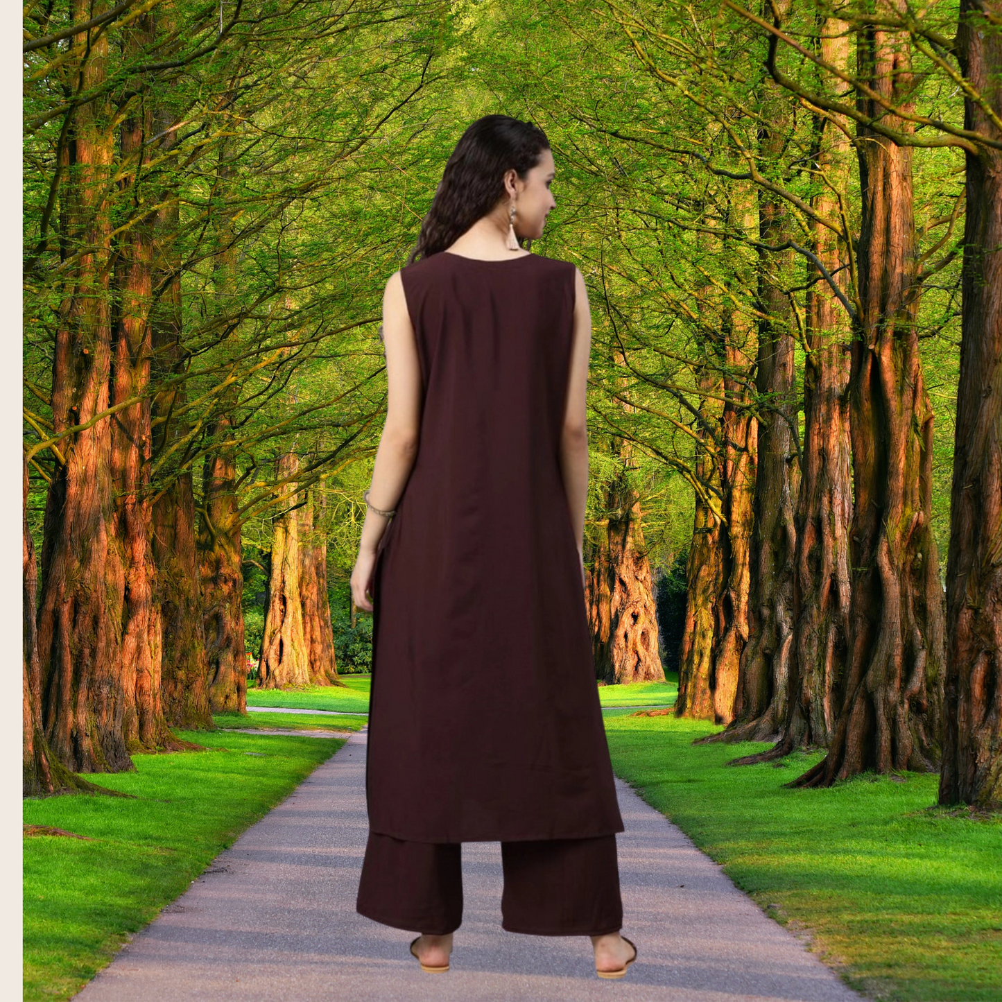 Women’s Sleeveless Solid Crepe Kurti and Palazzo Set (Brown) for Casual Wear - warehousetech13
