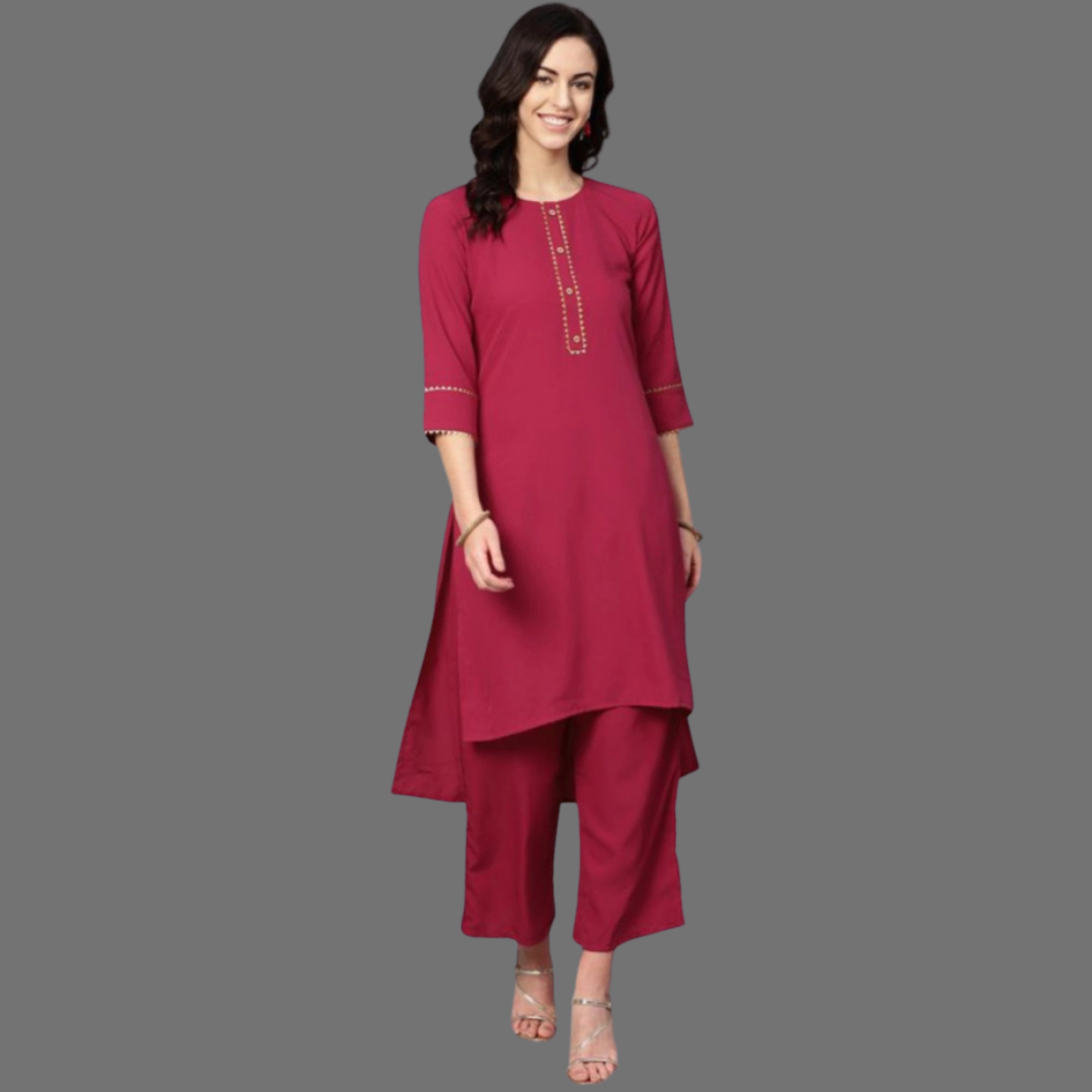 Ladies' Casual 3/4 Sleeve Solid Crepe Kurti and Palazzo Ensemble (Pink) - warehousetech13