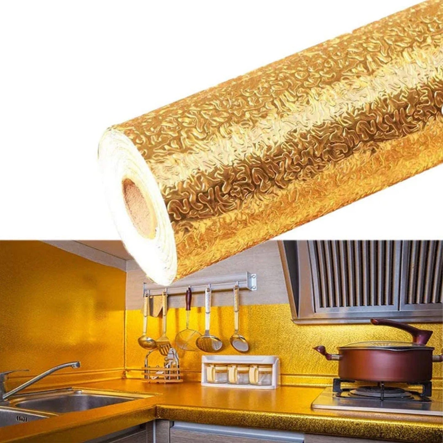 Oil Proof Sticker Waterproof Self Adhesive Aluminum Foil Wallpaper (60 Cm2m Golden 1 Pc) - warehousetech13