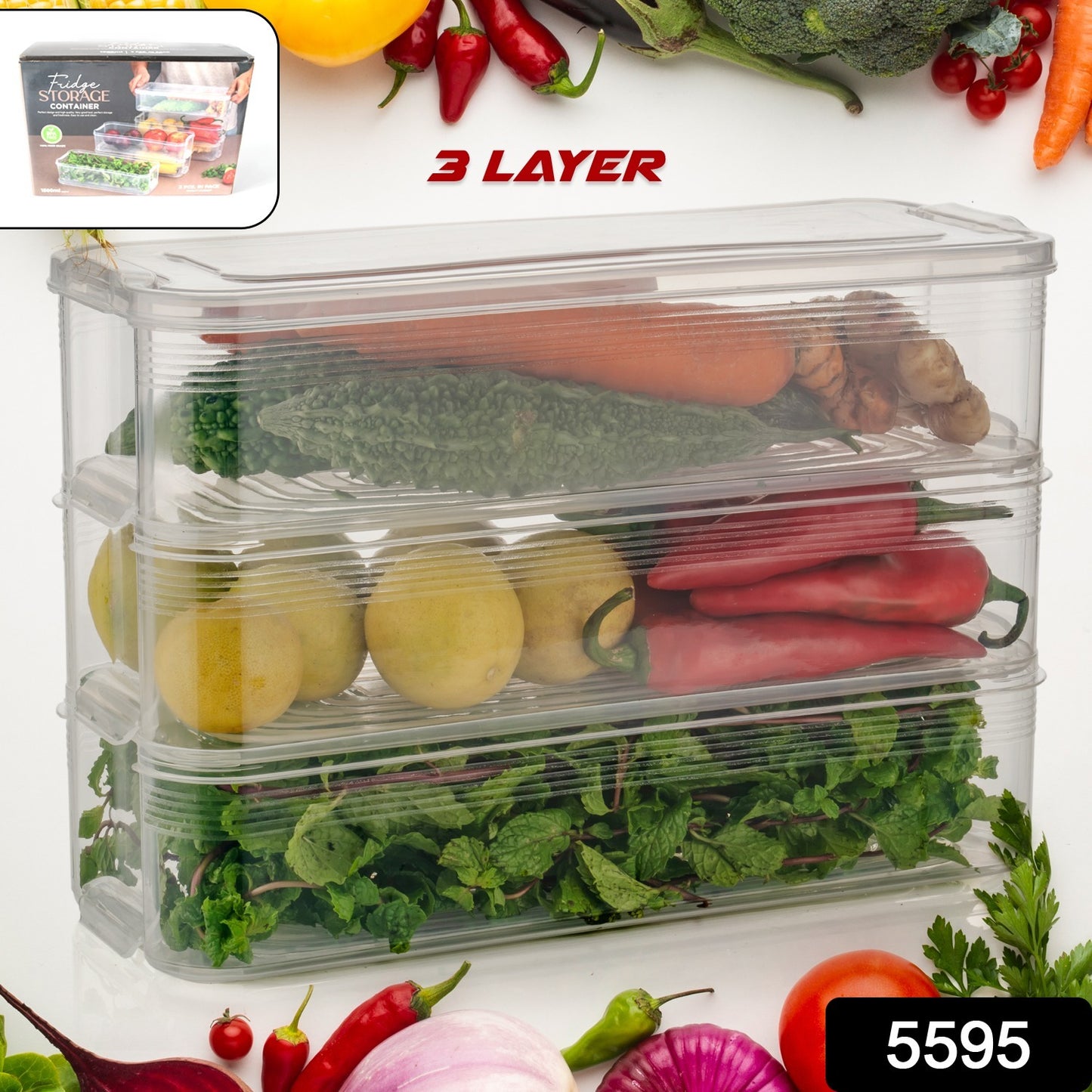 5595 3 Fridge Storage Container Fridge Organizer With Lid Stackable Fridge Storage Containers Plastic Freezer Storage Containers For Fish Meat Vegetables Fruits Pack Of 3pcs 1500ml Approx - warehousetech13