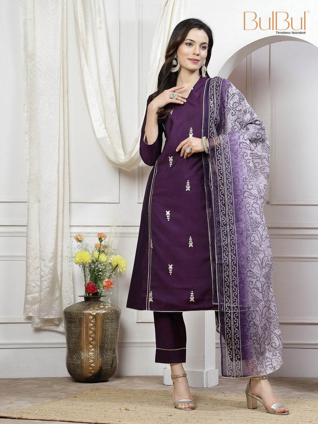 Preet Mustard & Purple Chanderi Silk Kurta Set with Dupatta for Women - Ethnic Festive Wear