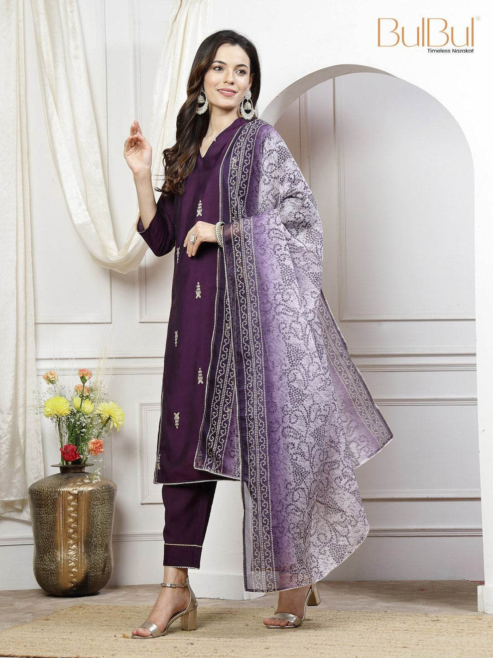 Preet Mustard & Purple Chanderi Silk Kurta Set with Dupatta for Women - Ethnic Festive Wear