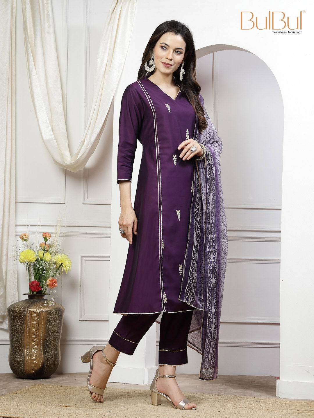 Preet Mustard & Purple Chanderi Silk Kurta Set with Dupatta for Women - Ethnic Festive Wear
