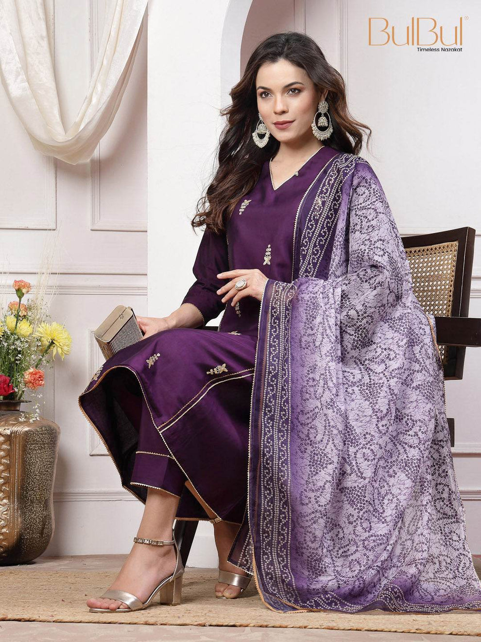 Preet Mustard & Purple Chanderi Silk Kurta Set with Dupatta for Women - Ethnic Festive Wear