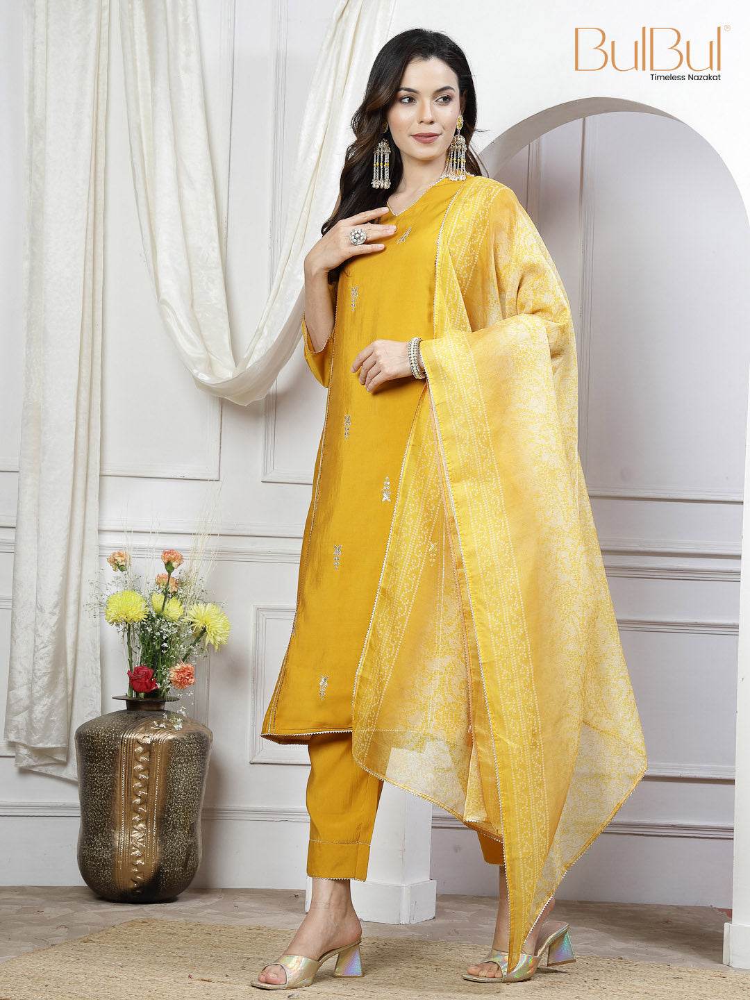 Preet Mustard & Purple Chanderi Silk Kurta Set with Dupatta for Women - Ethnic Festive Wear