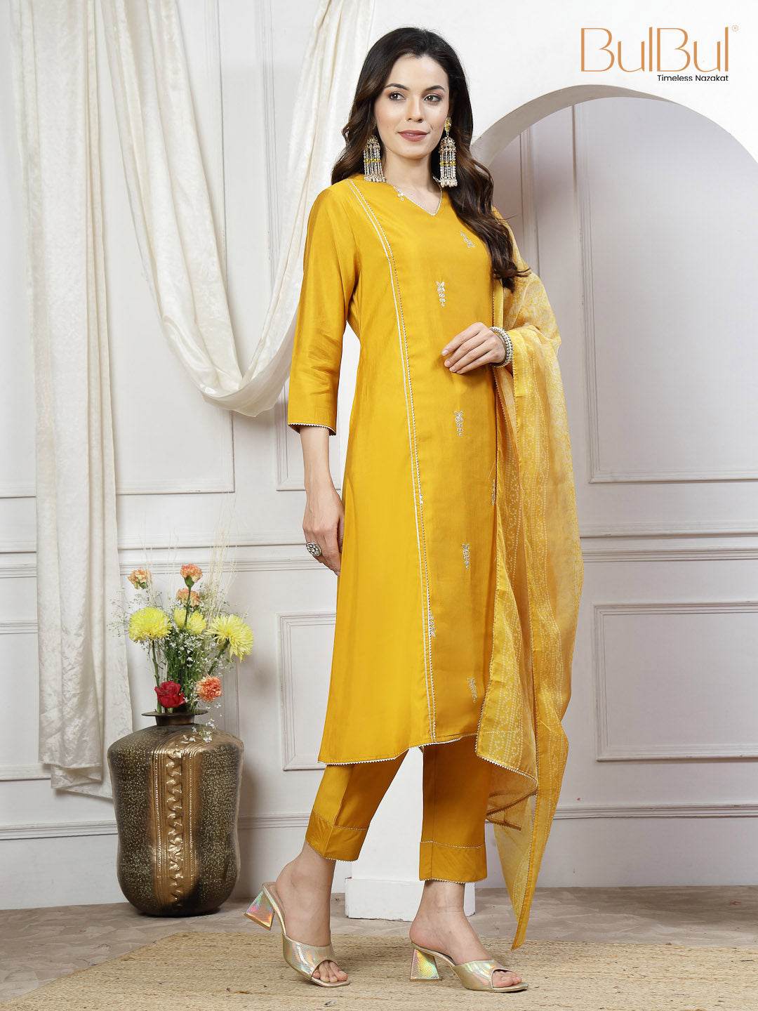 Preet Mustard & Purple Chanderi Silk Kurta Set with Dupatta for Women - Ethnic Festive Wear