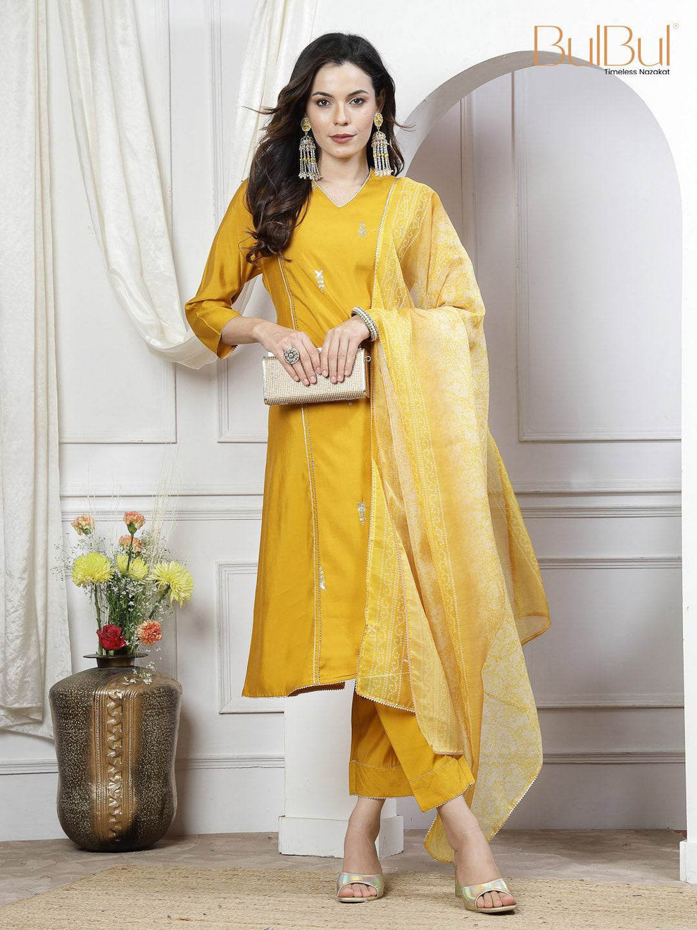 Preet Mustard & Purple Chanderi Silk Kurta Set with Dupatta for Women - Ethnic Festive Wear