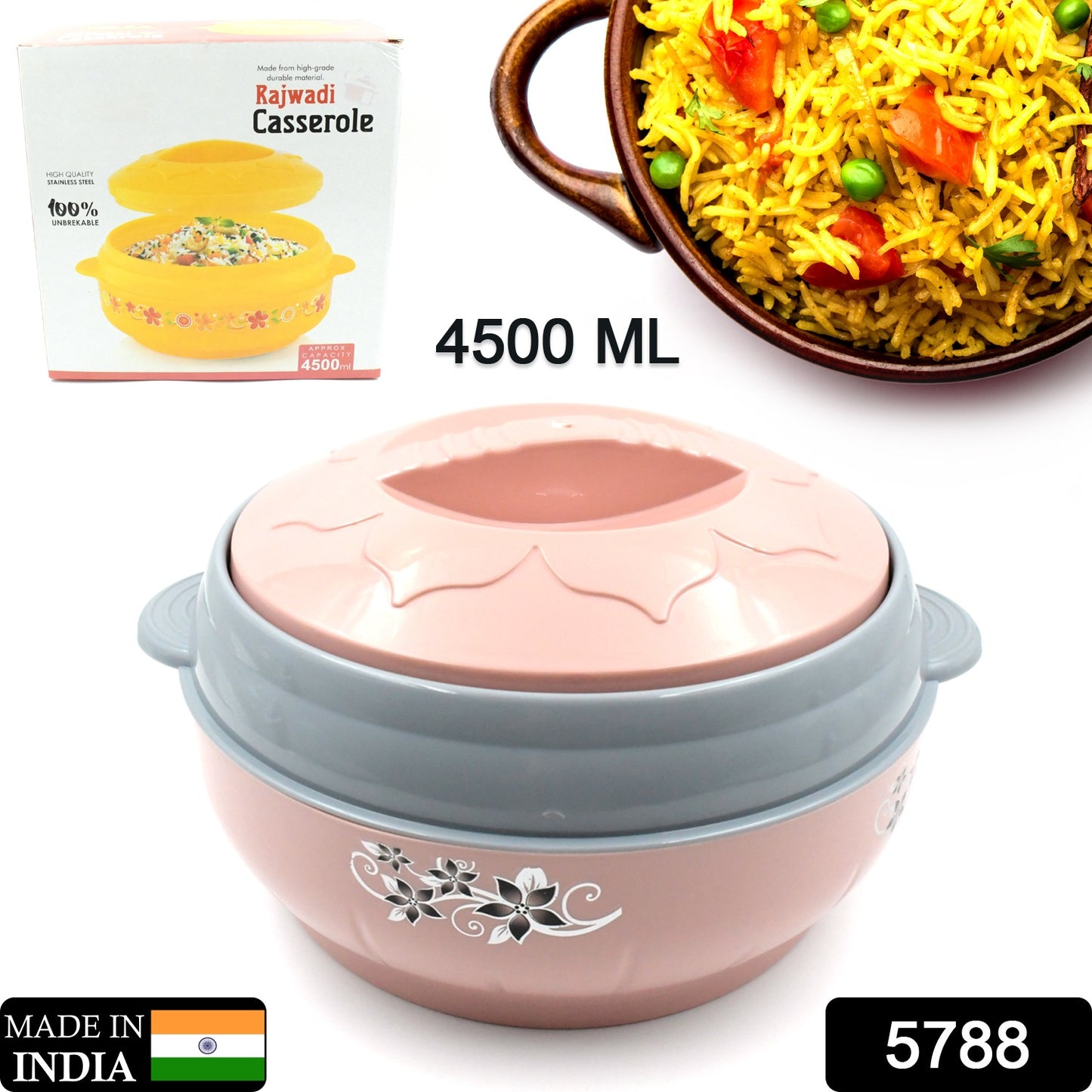 High Quality Steel Casserole Box For Food Searving Inner Steel Insulated Casserole Hot Pot Flowers Printed Chapati Box For Roti Kitchen (Approx 4500 Ml) - warehousetech13