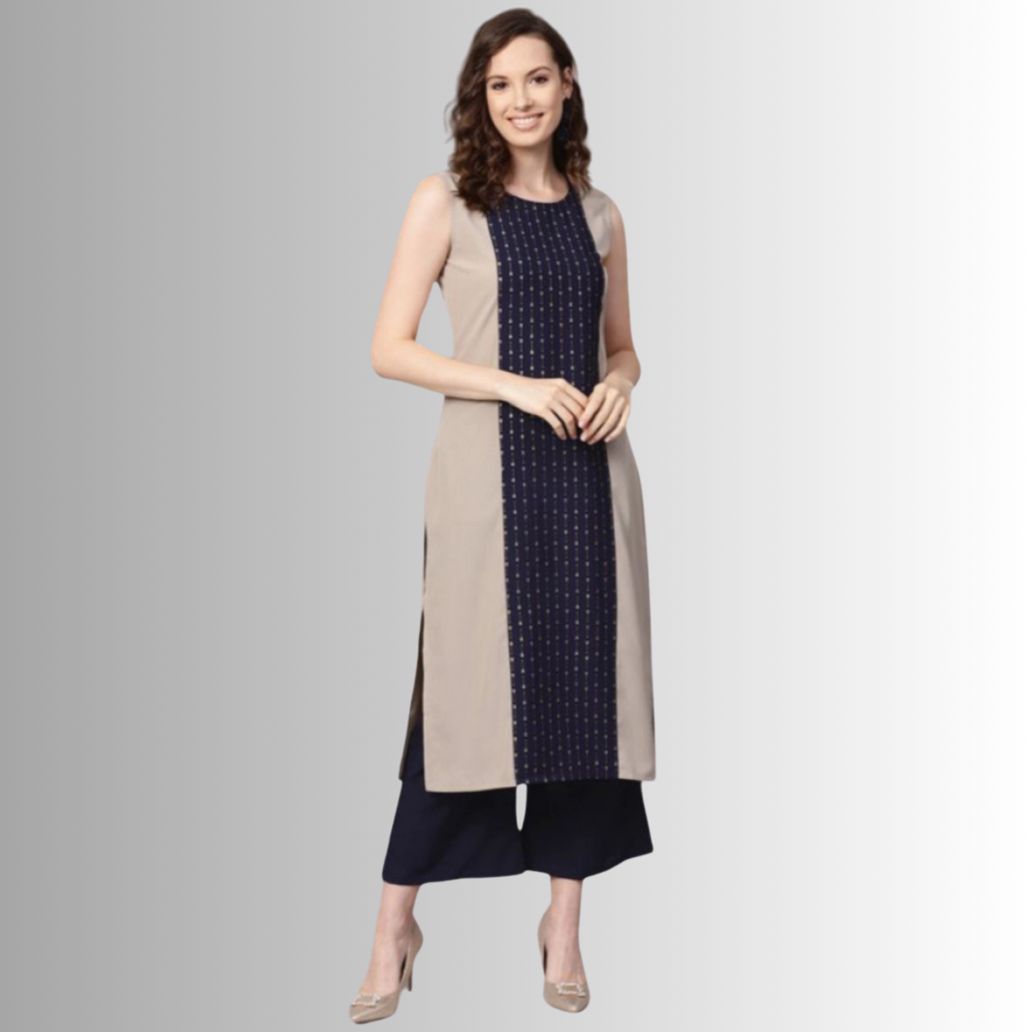 Women’s Casual Crepe Kurti with Short Sleeves and Palazzo Set (Beige) in Tribal Design - warehousetech13