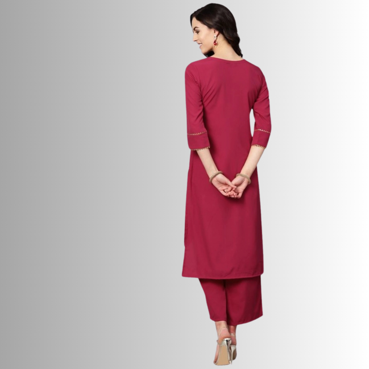 Ladies' Casual 3/4 Sleeve Solid Crepe Kurti and Palazzo Ensemble (Pink) - warehousetech13