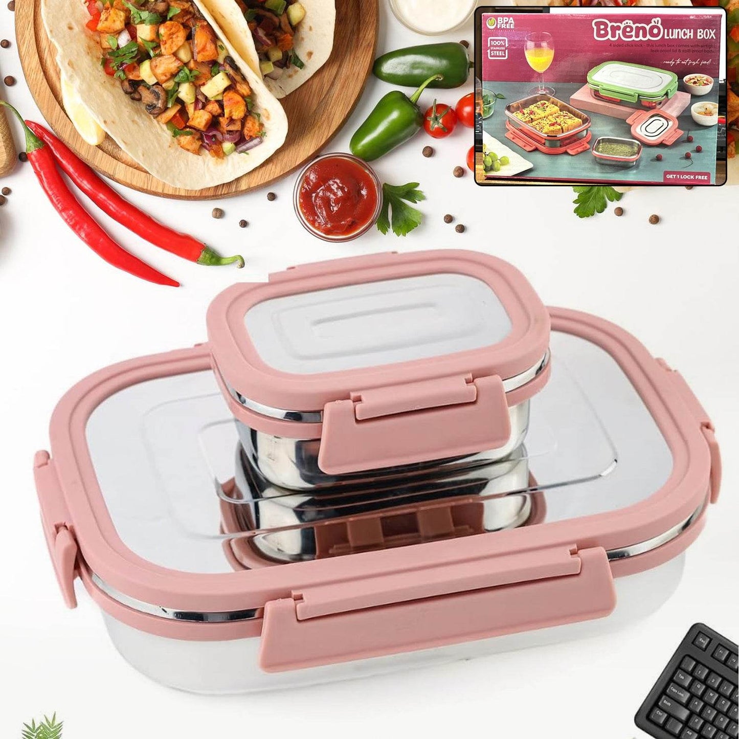 Premium Stainless Steel Leak Proof Air Tight Lunch Boxes (900ml+200ml Approx 2 Pc Set) - warehousetech13