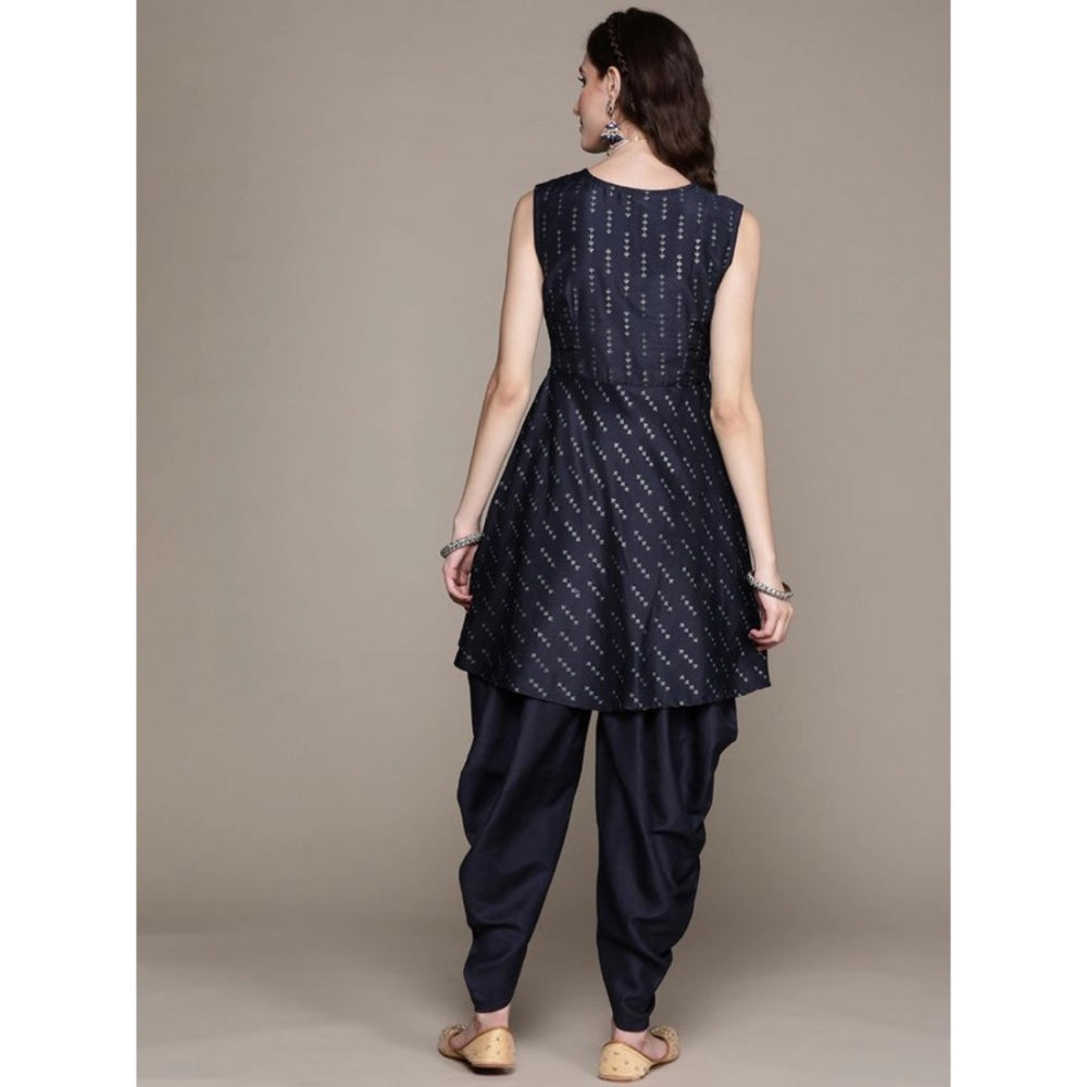 Floral Printed Chinon Kurti and Dhoti Pant Set for Women (Dark Blue) with Sleeveless Design. - warehousetech13