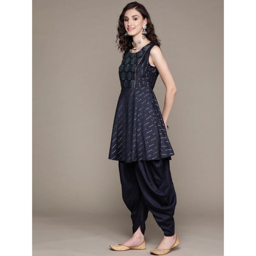 Floral Printed Chinon Kurti and Dhoti Pant Set for Women (Dark Blue) with Sleeveless Design. - warehousetech13