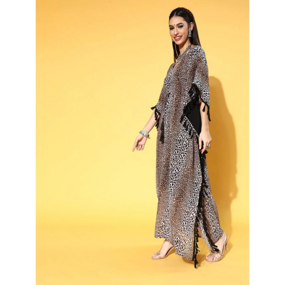 Women's Casual Georgette Kurti with Half Sleeves and Animal Print (Brown) - warehousetech13