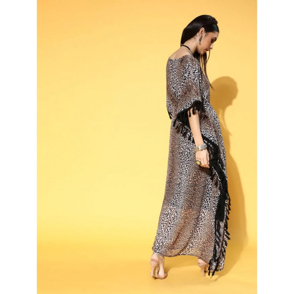 Women's Casual Georgette Kurti with Half Sleeves and Animal Print (Brown) - warehousetech13