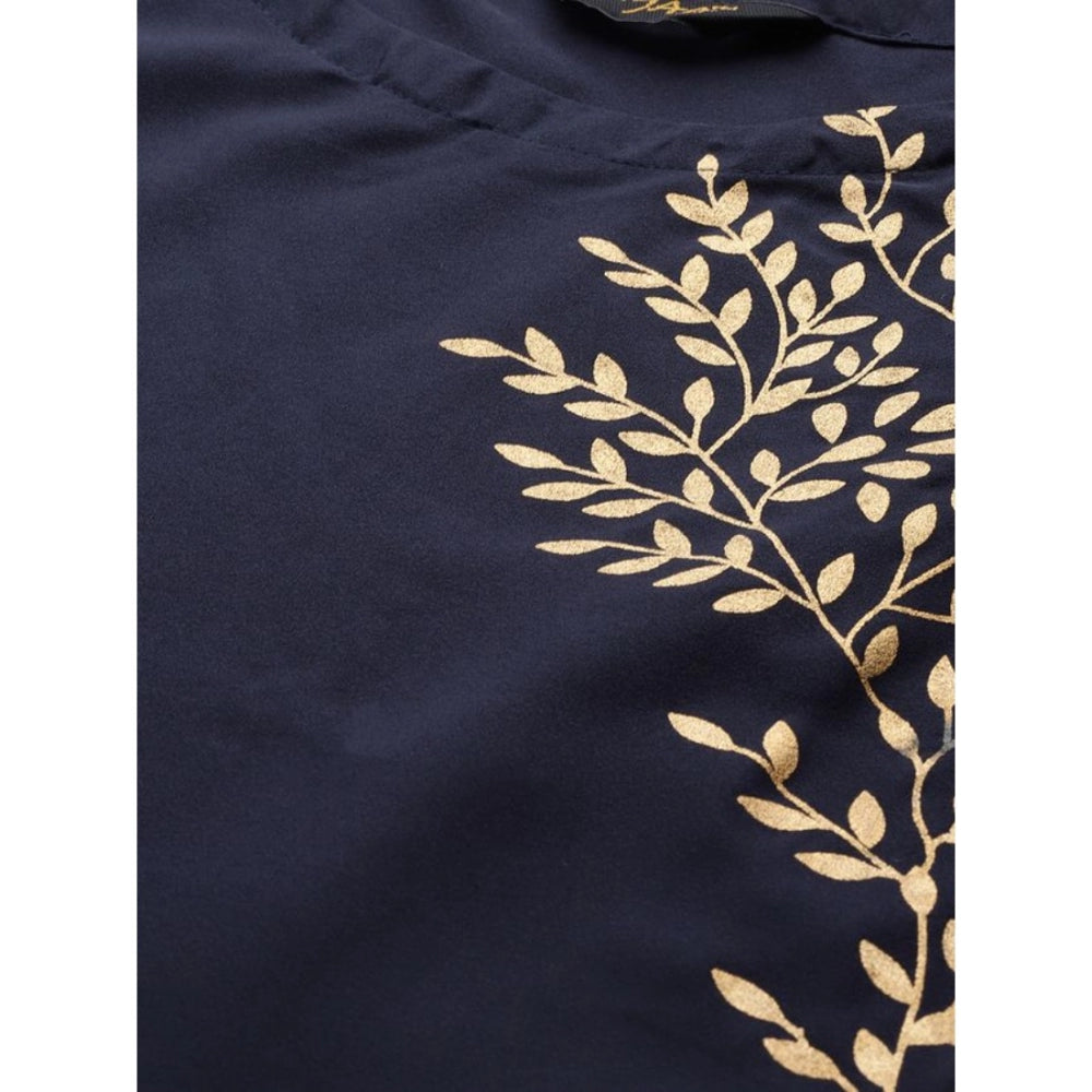 Women's Casual Floral Printed Crepe Kurti with Short Sleeves (Blue / Brown) - warehousetech13