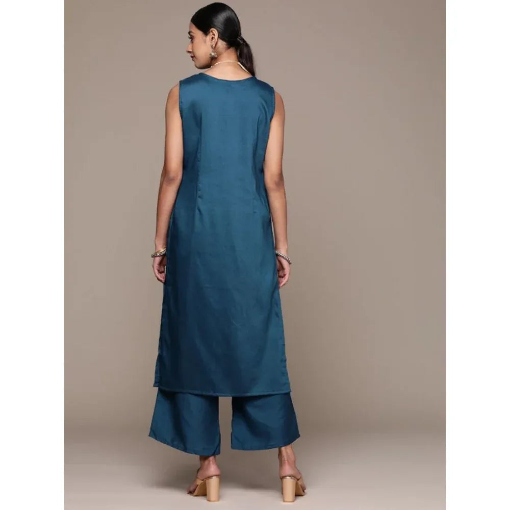 Women’s Casual Floral Printed Sleeveless Chinon Kurti with Palazzo Set (Maroon & Teal Blue) - warehousetech13