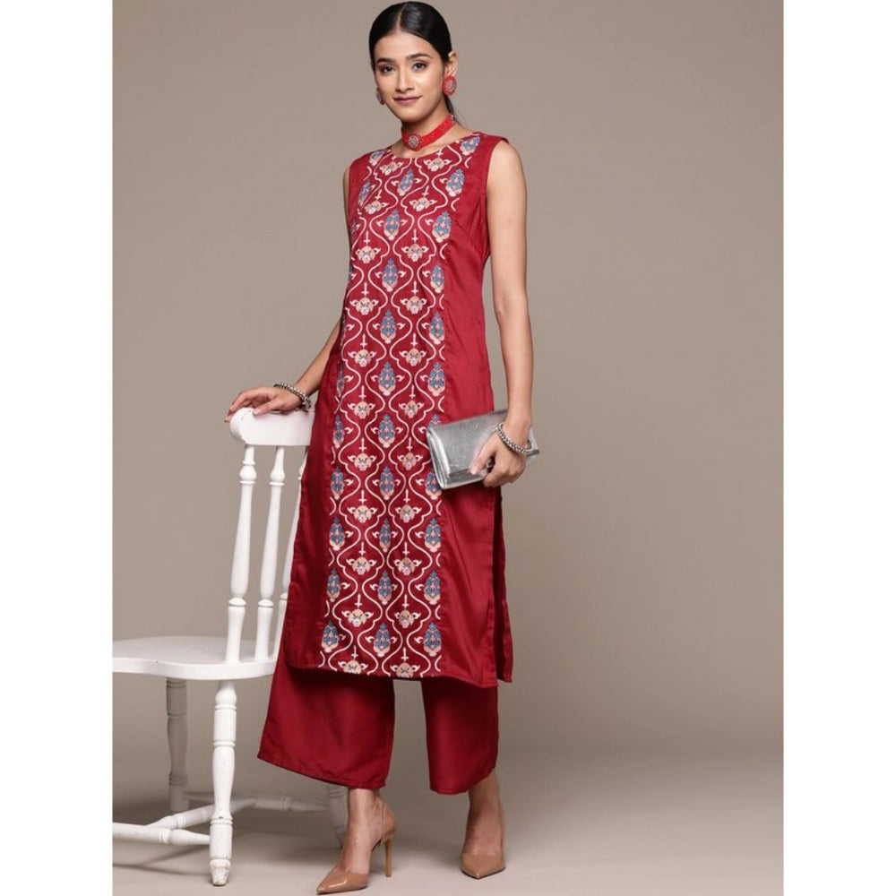 Women’s Casual Floral Printed Sleeveless Chinon Kurti with Palazzo Set (Maroon & Teal Blue)