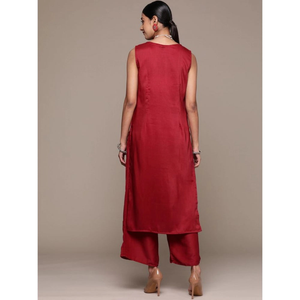 Women’s Casual Floral Printed Sleeveless Chinon Kurti with Palazzo Set (Maroon & Teal Blue)