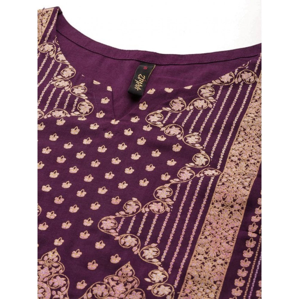 Women's Ethnic Motifs 3/4 Sleeve Casual Chinon Kurti and Palazzo Set (Purple) - warehousetech13