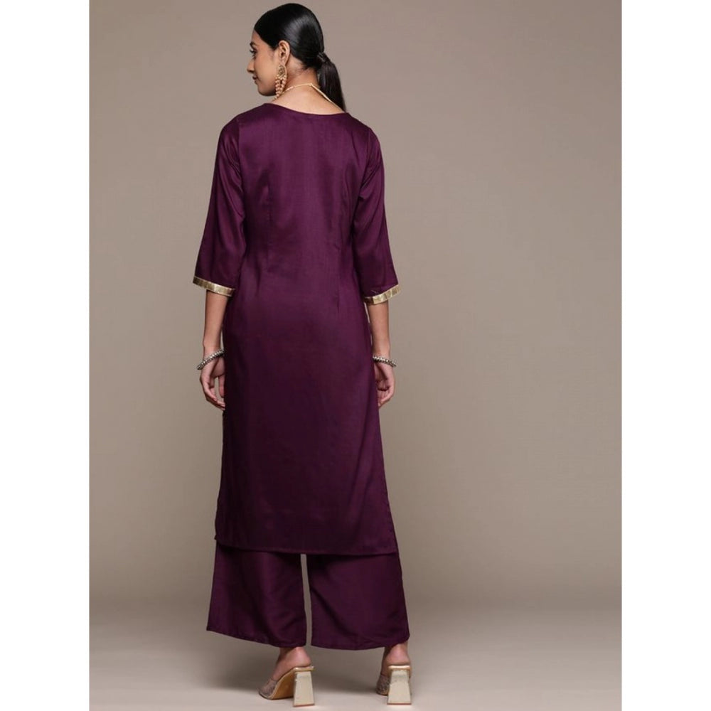 Women's Ethnic Motifs 3/4 Sleeve Casual Chinon Kurti and Palazzo Set (Purple) - warehousetech13