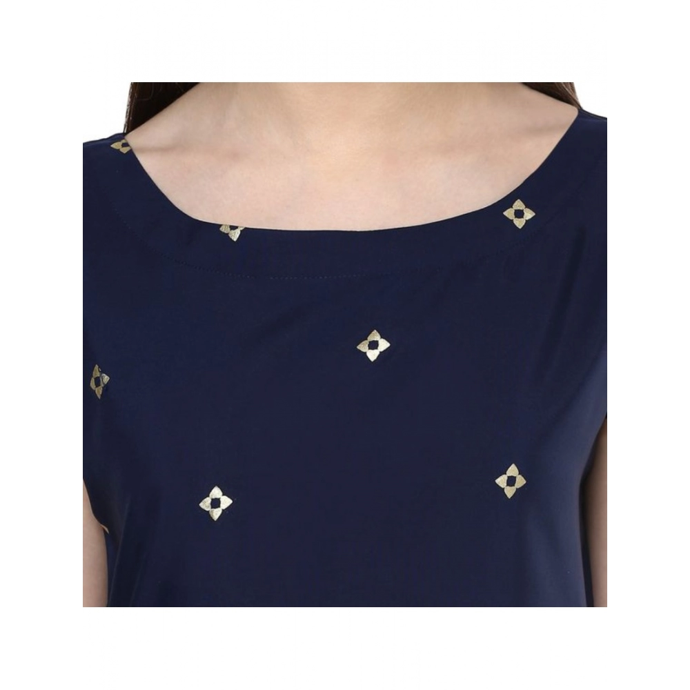 Women's Casual Floral Printed Crepe Kurti with Short Sleeves (Blue) - warehousetech13