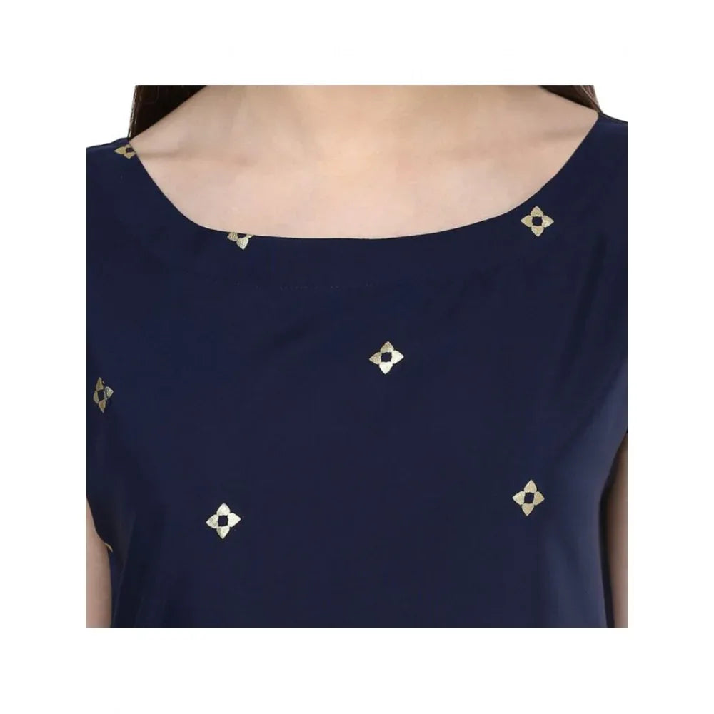 Women's Casual Floral Printed Crepe Kurti with Short Sleeves (Blue) - warehousetech13