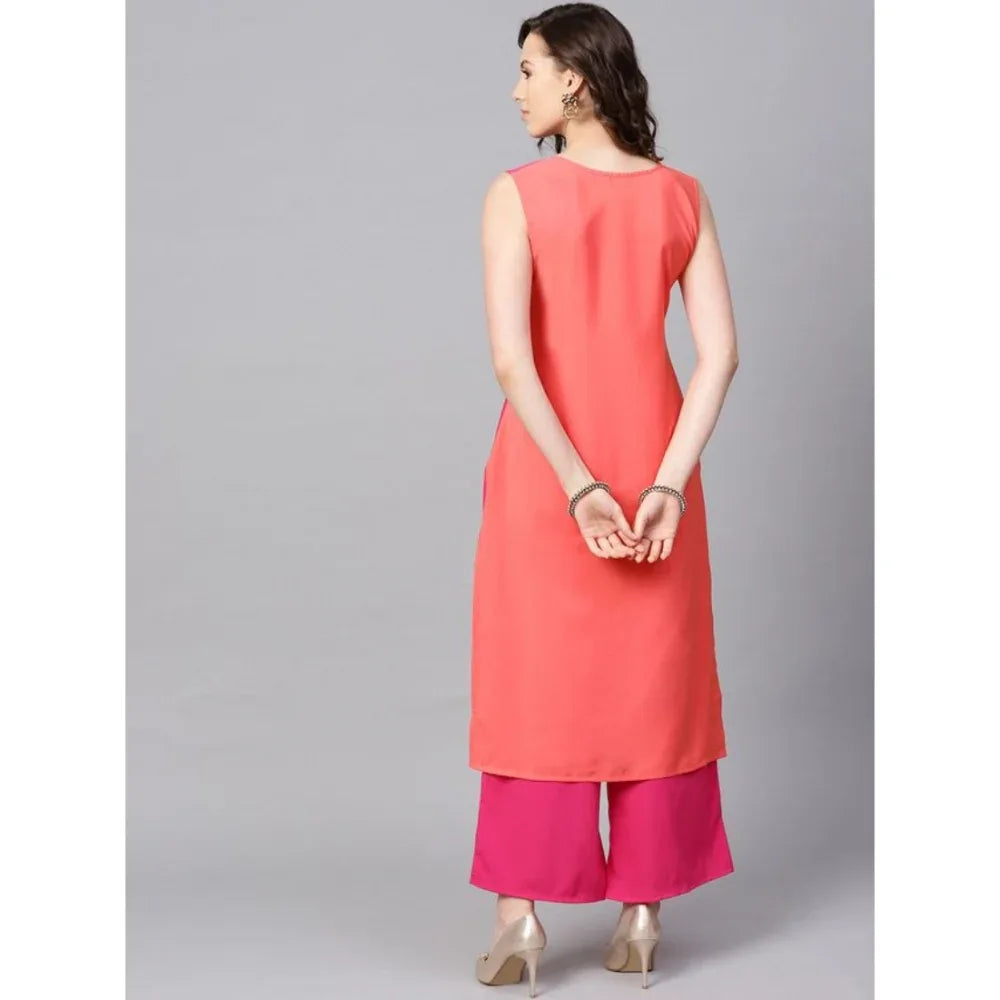 Women's Lightweight Sleeveless Floral-Designed Crepe Kurti and Palazzo Combination (Pink) - warehousetech13