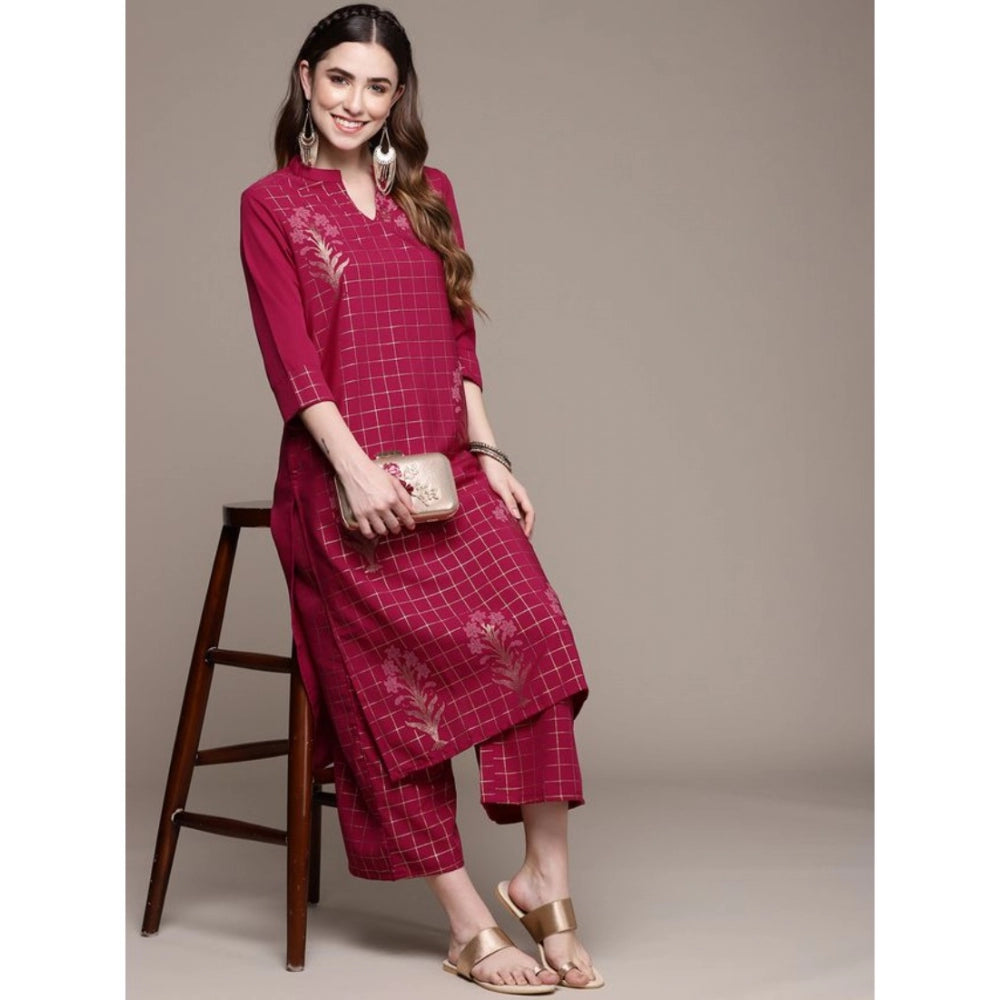 Casual 3/4 Sleeve Floral Printed Crepe Kurti and Palazzo Set for Women (Maroon) - warehousetech13