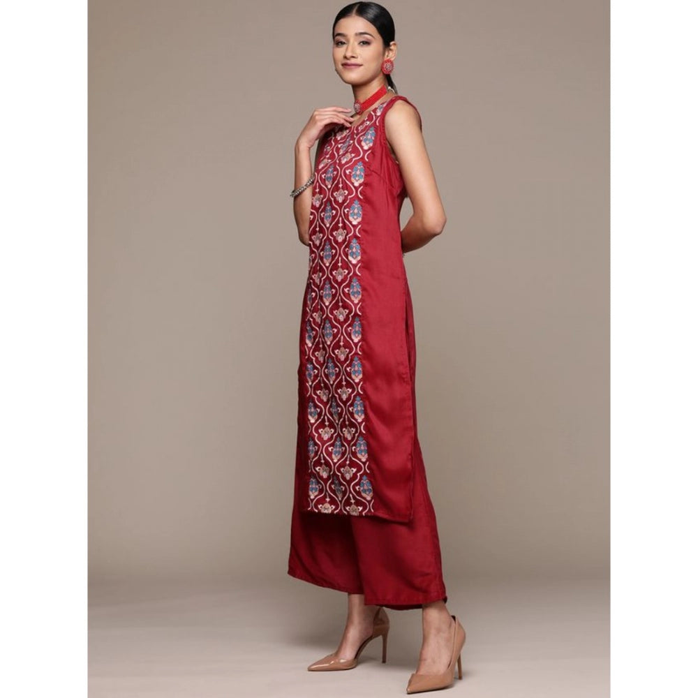 Women’s Casual Floral Printed Sleeveless Chinon Kurti with Palazzo Set (Maroon & Teal Blue)