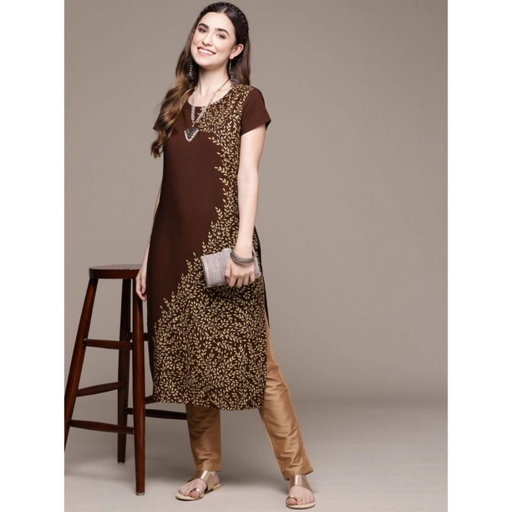 Women's Casual Floral Printed Crepe Kurti with Short Sleeves (Blue / Brown) - warehousetech13