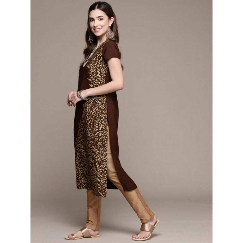 Women's Casual Floral Printed Crepe Kurti with Short Sleeves (Blue / Brown) - warehousetech13