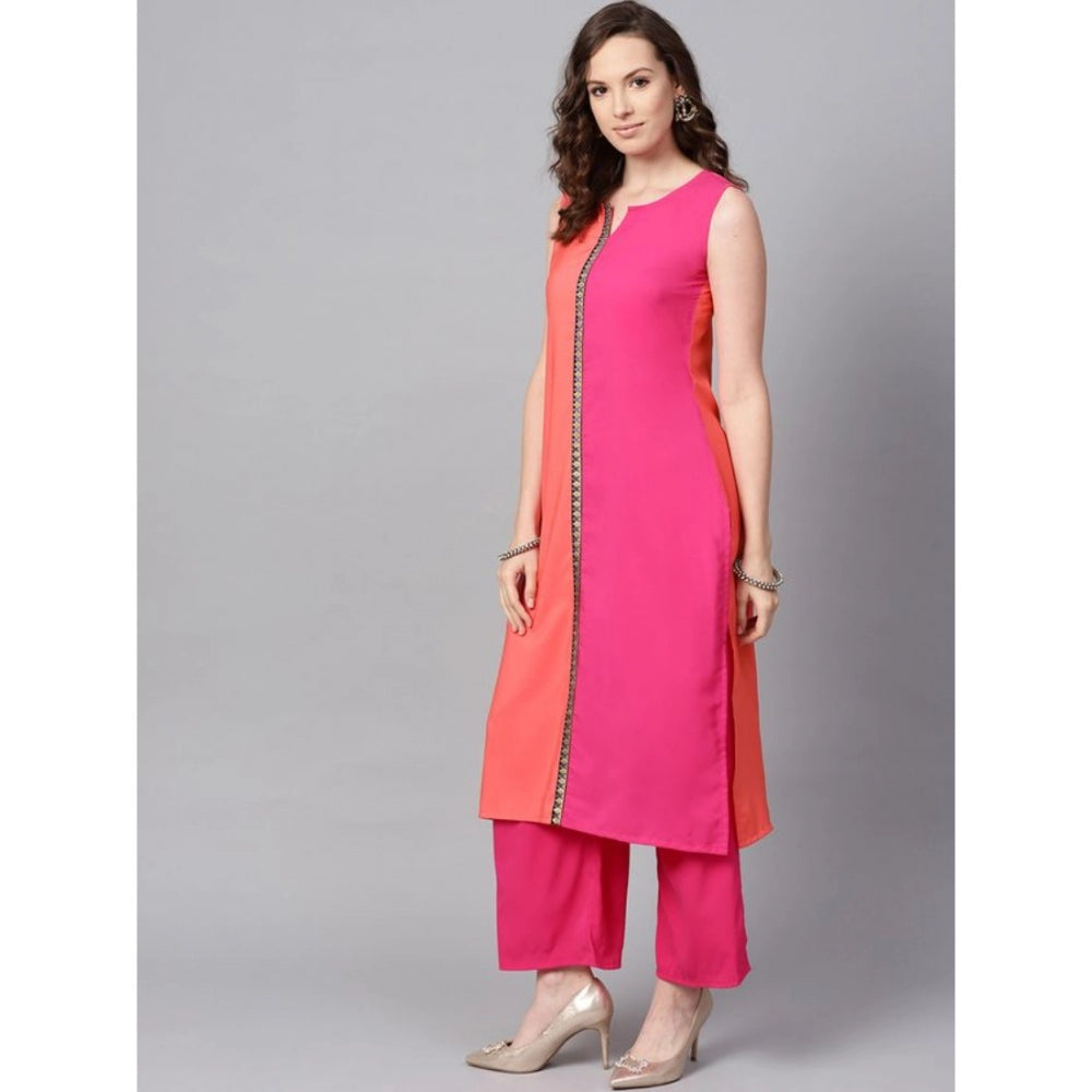 Women's Lightweight Sleeveless Floral-Designed Crepe Kurti and Palazzo Combination (Pink) - warehousetech13