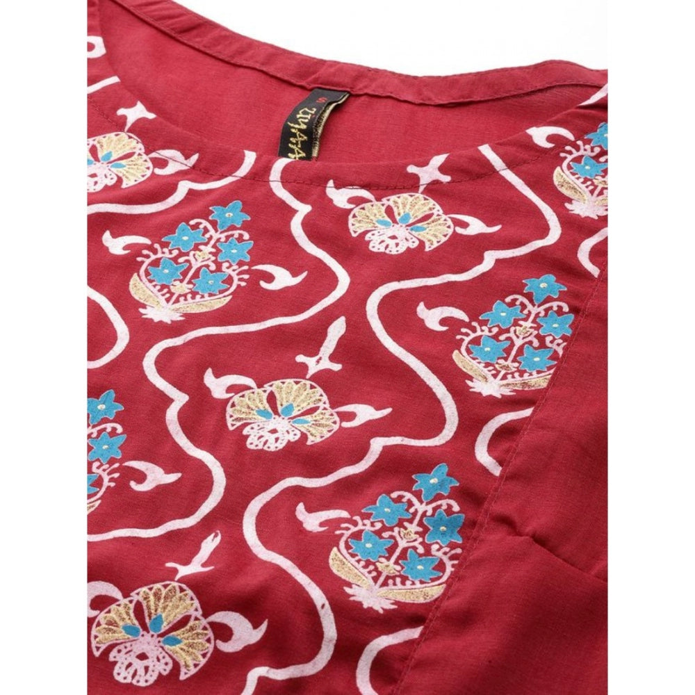 Women’s Casual Floral Printed Sleeveless Chinon Kurti with Palazzo Set (Maroon & Teal Blue)