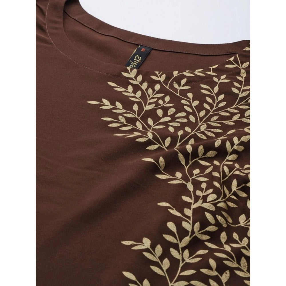 Women's Casual Floral Printed Crepe Kurti with Short Sleeves (Blue / Brown) - warehousetech13