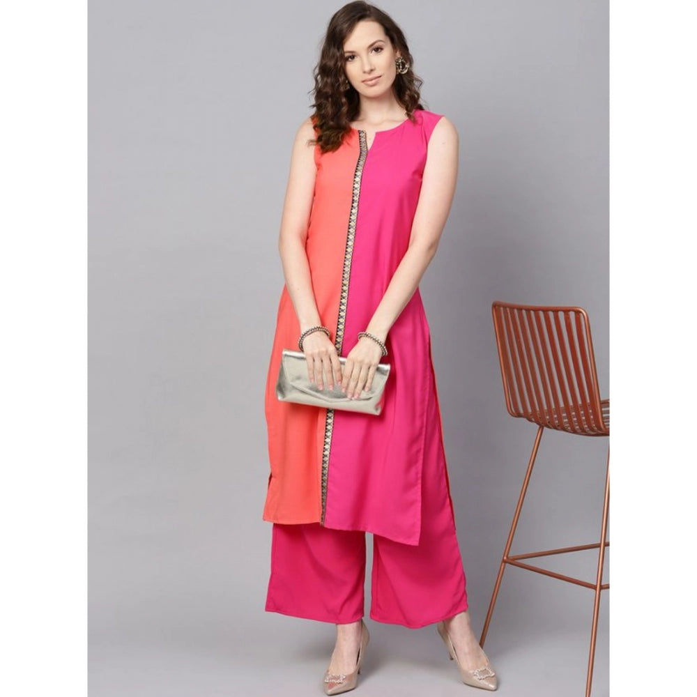 Women's Lightweight Sleeveless Floral-Designed Crepe Kurti and Palazzo Combination (Pink) - warehousetech13