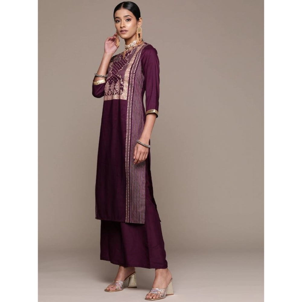 Women's Ethnic Motifs 3/4 Sleeve Casual Chinon Kurti and Palazzo Set (Purple) - warehousetech13