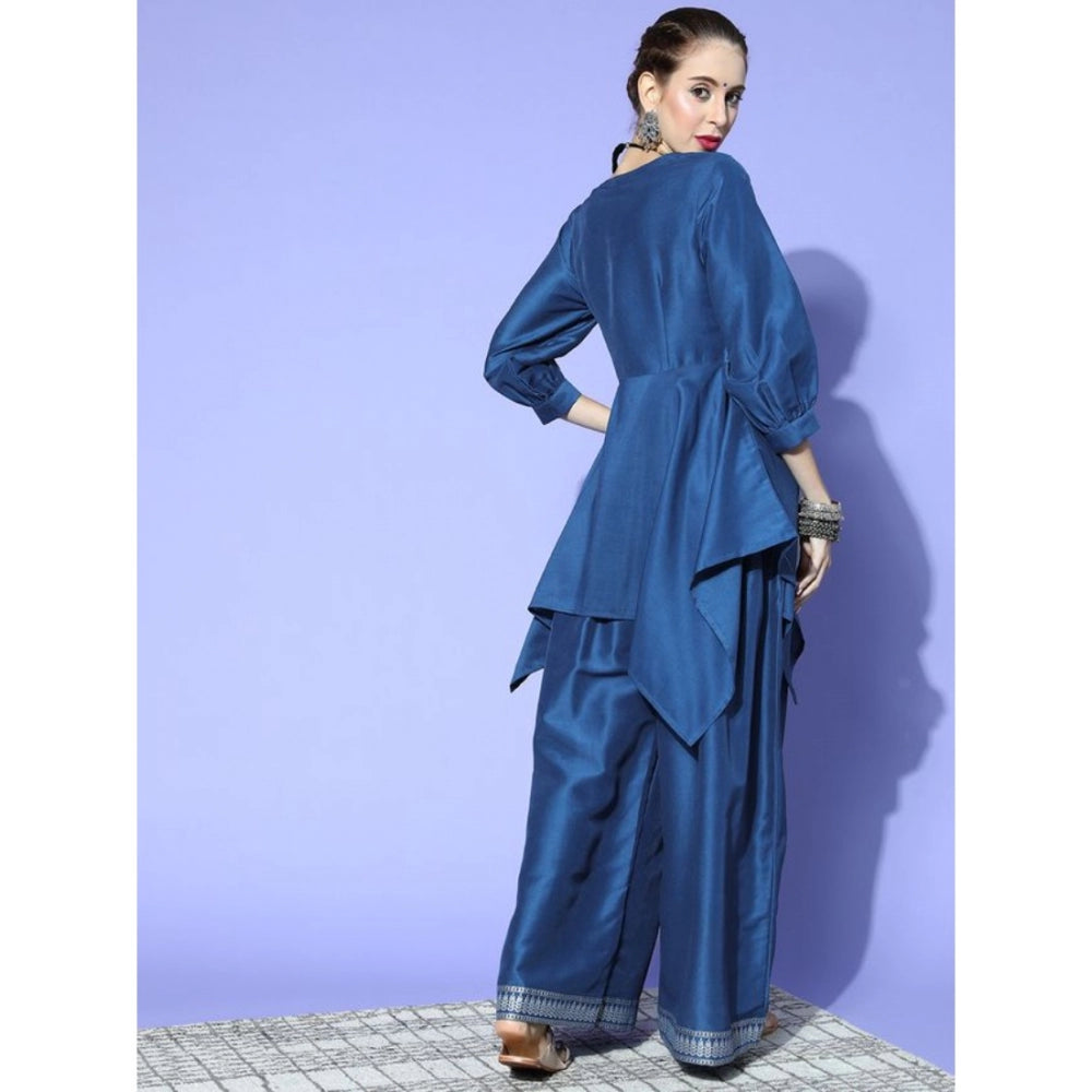 Women’s Casual 3/4 Sleeve Floral Printed Chinon Kurti with Palazzo Set (Blue) - warehousetech13