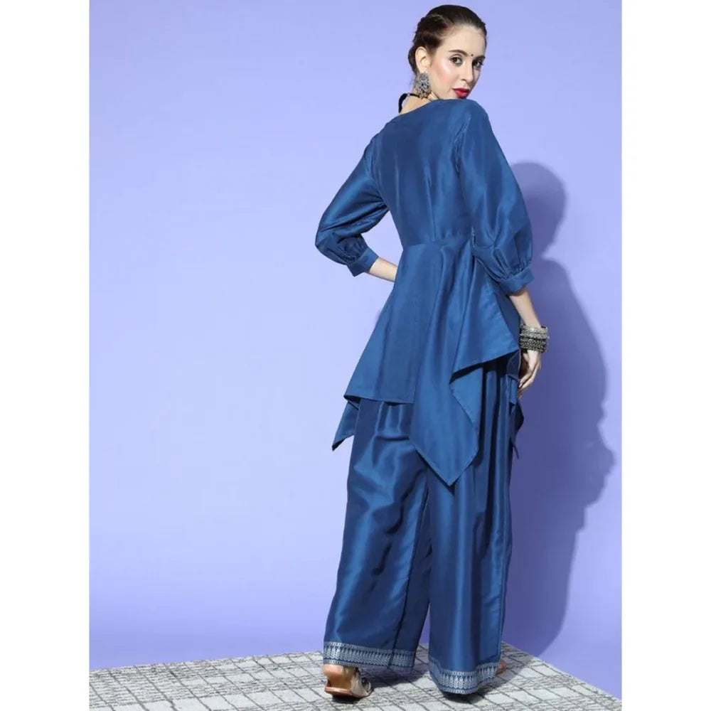 Women’s Casual 3/4 Sleeve Floral Printed Chinon Kurti with Palazzo Set (Blue) - warehousetech13