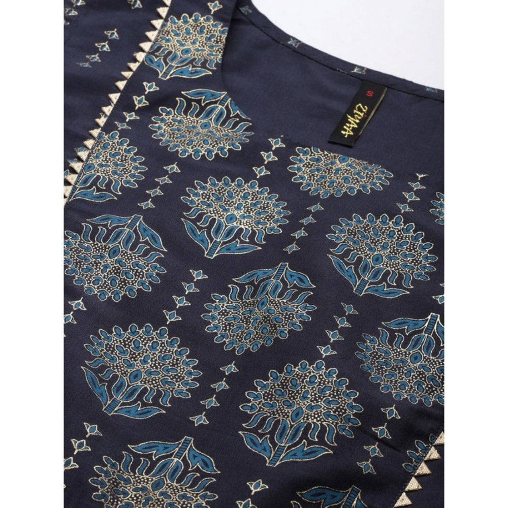 Floral Printed Chinon Kurti and Dhoti Pant Set for Women (Dark Blue) with Sleeveless Design. - warehousetech13