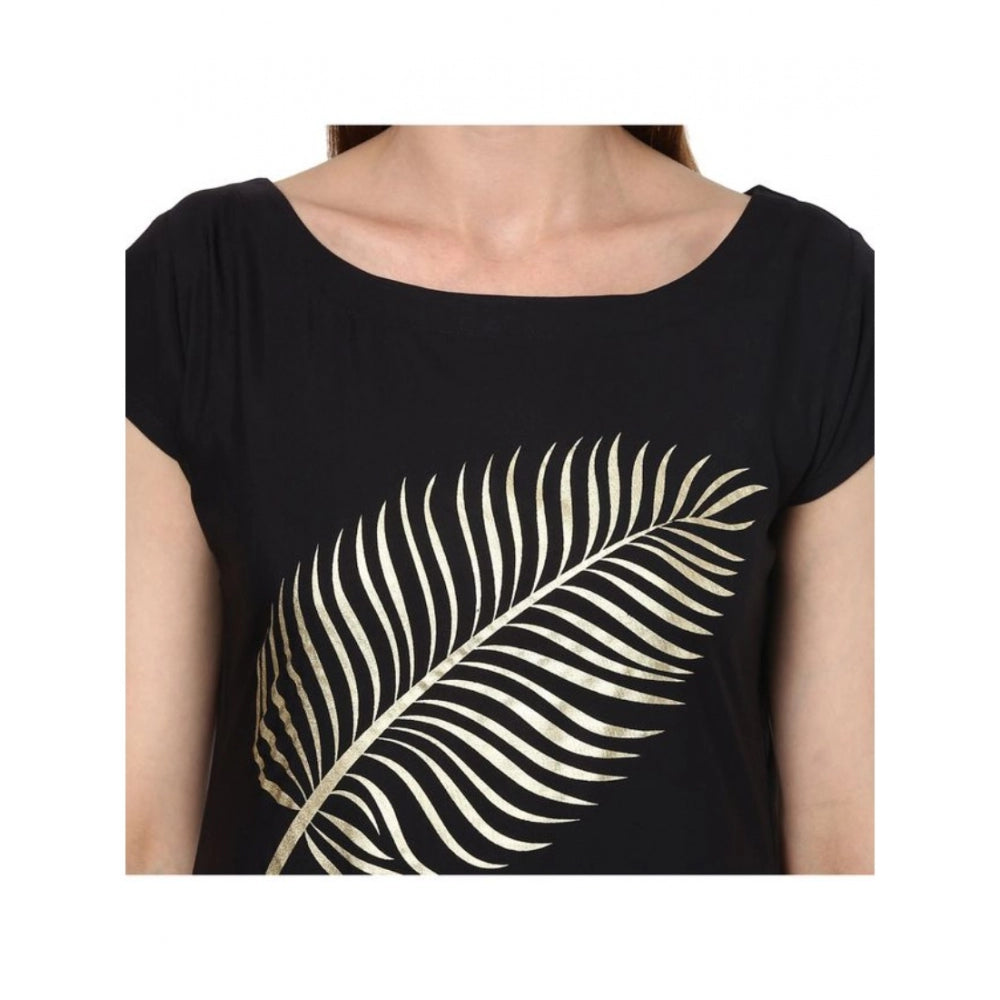 Women’s Casual Crepe Kurti with Short Sleeves and Ethnic Designs (Black) - warehousetech13